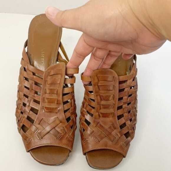 Franco Sarto Leather Woven Weave High Heel Leather Sandals - Picture 4 of 10